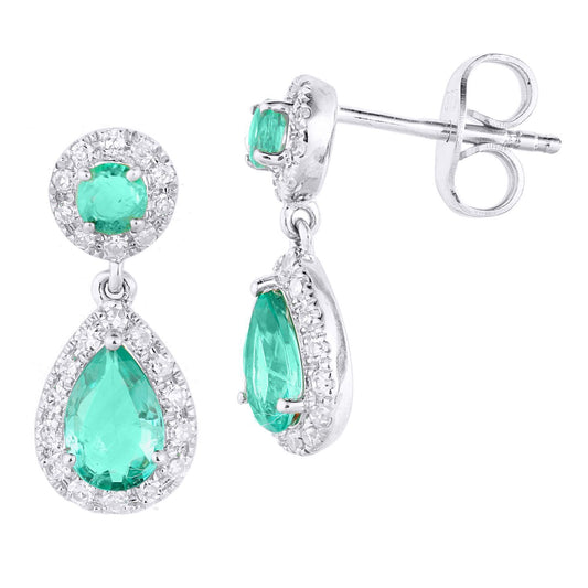 9ct White Gold  1/4ct Diamond Pear Emerald Teardrop Drop Earrings - PE2AXL0159WEM