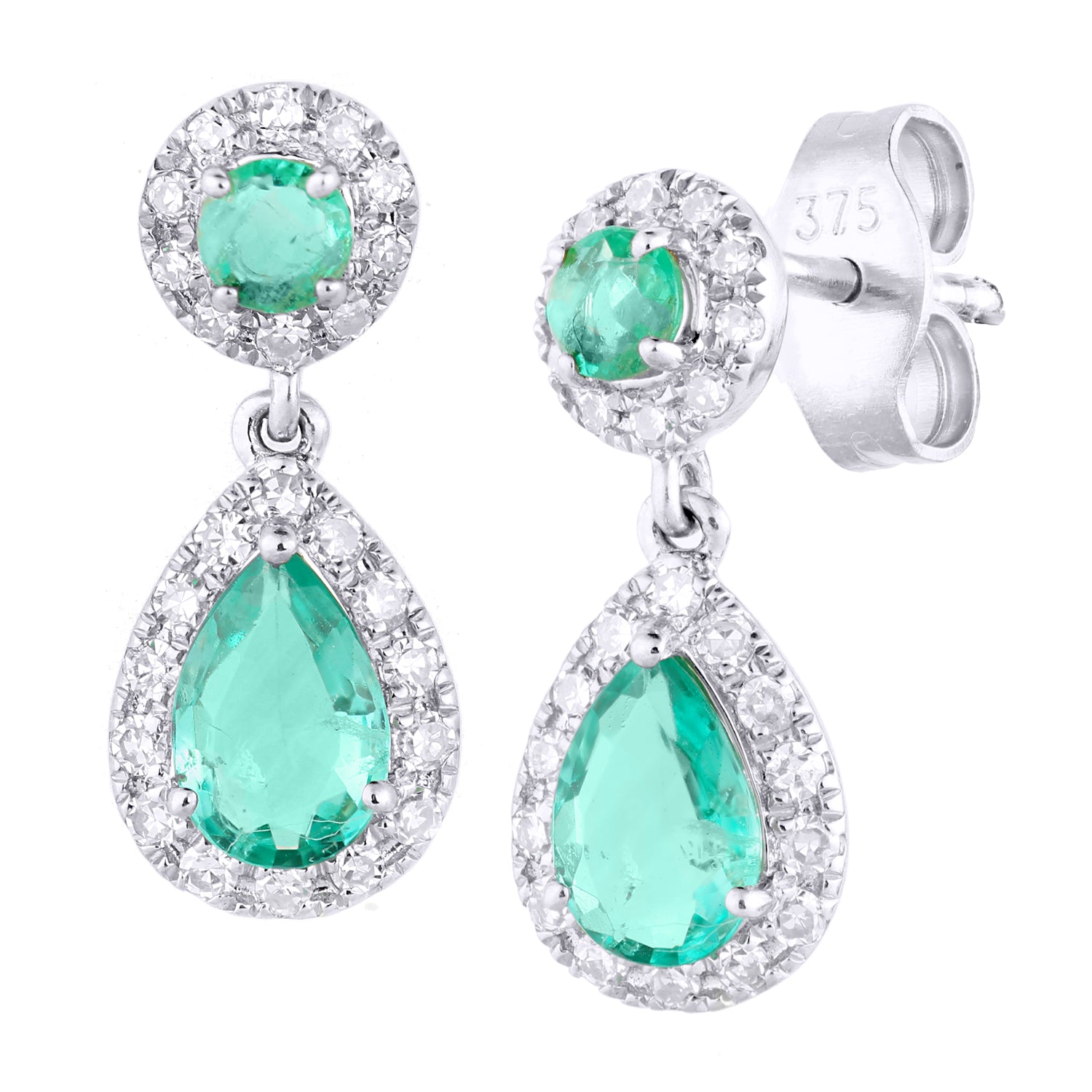 9ct White Gold  1/4ct Diamond Pear Emerald Teardrop Drop Earrings - PE2AXL0159WEM