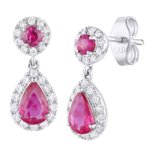 9ct White Gold 1/4ct Diamond Pear Ruby Teardrop Drop Earrings - PE2AXL0159WRU