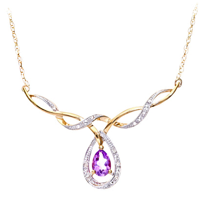 9ct Gold  Diamond Pear Amethyst Teardrop Lavalier Necklace 18" - PNEAXL01696YAM