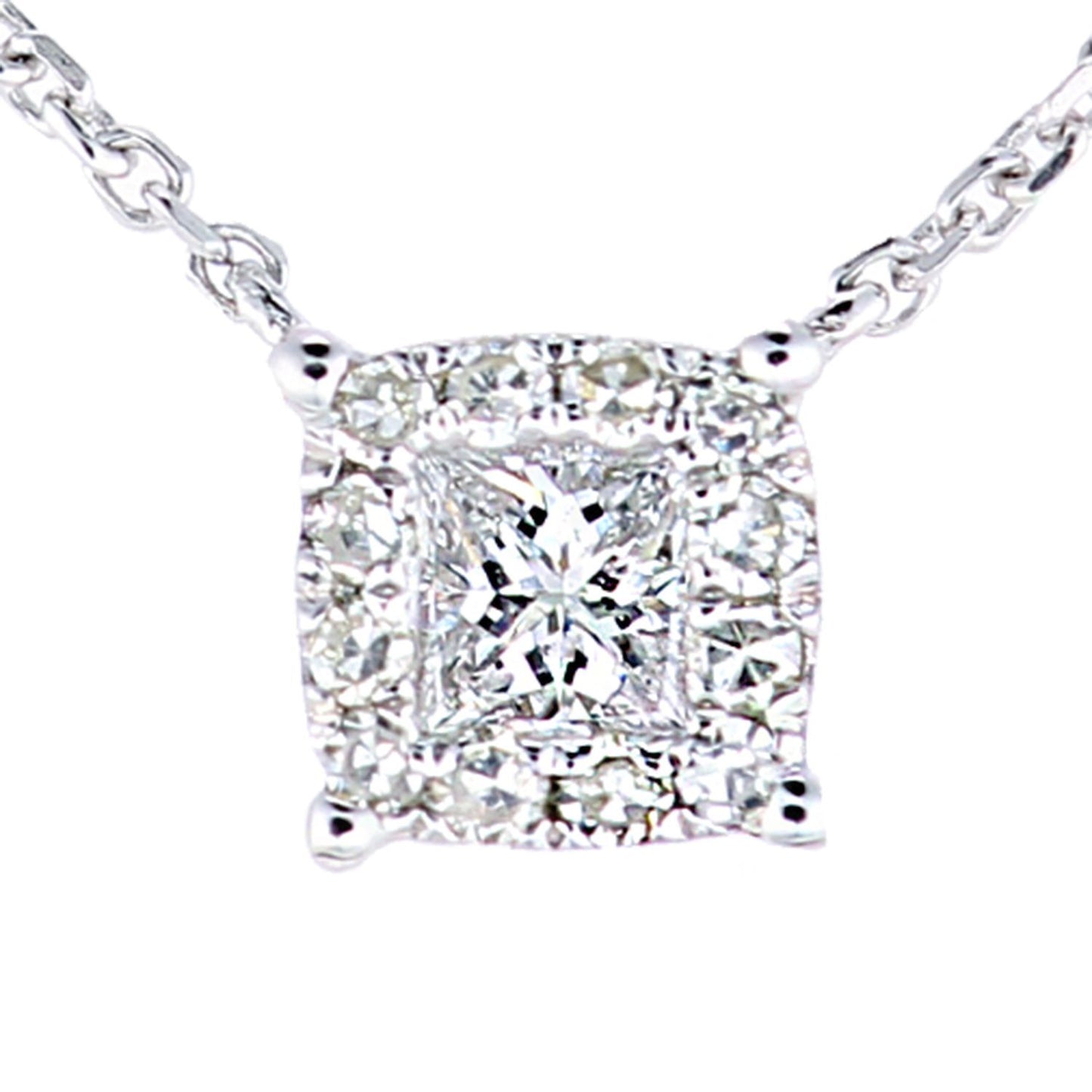9ct White Gold  Princess 12pts Diamond Halo Solitaire Necklace 18" - PNEAXL20038W