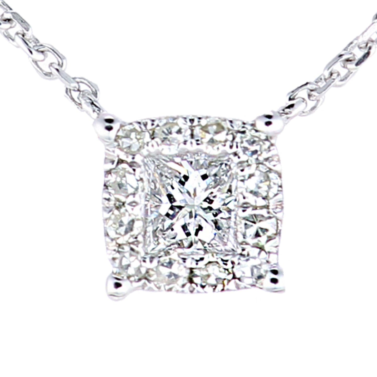 9ct White Gold  Princess 12pts Diamond Halo Solitaire Necklace 18" - PNEAXL20038W