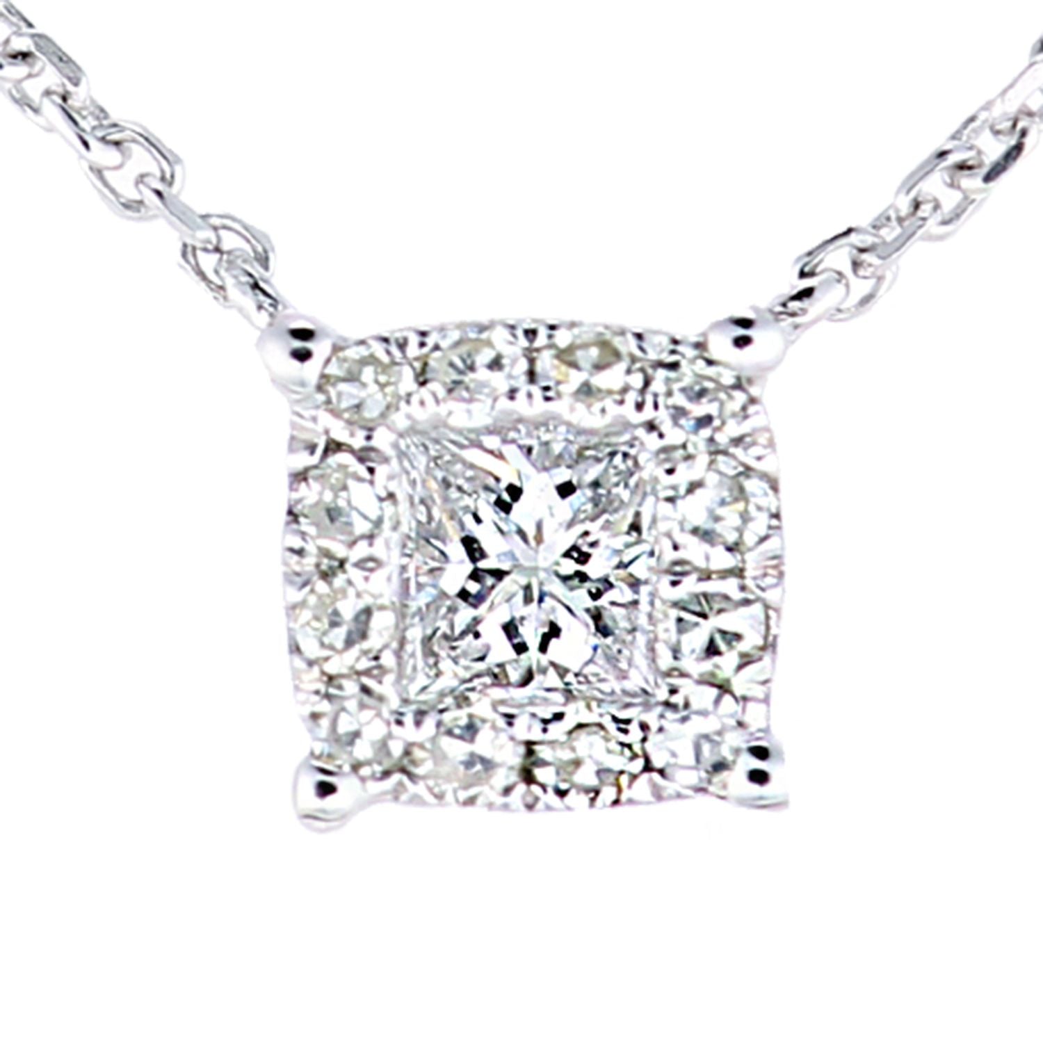 9ct White Gold  Princess 12pts Diamond Halo Solitaire Necklace 18" - PNEAXL20038W