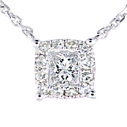 9ct White Gold  Princess 12pts Diamond Halo Solitaire Necklace 18" - PNEAXL20038W