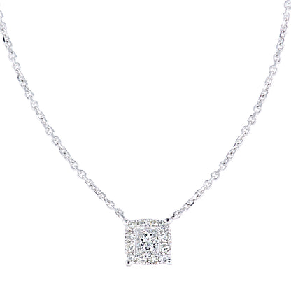 9ct White Gold  Princess 12pts Diamond Halo Solitaire Necklace 18" - PNEAXL20038W