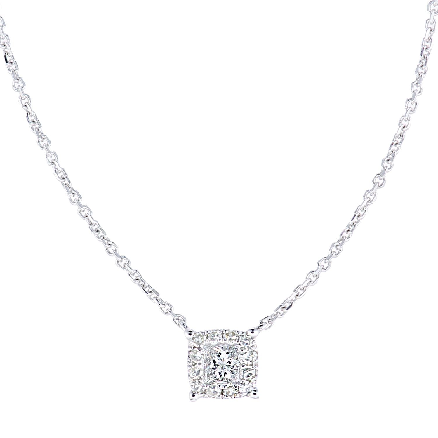 9ct White Gold  Princess 12pts Diamond Halo Solitaire Necklace 18" - PNEAXL20038W