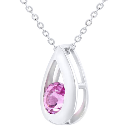9ct White Gold  20pts Created Sapphire Teardrop Necklace 18" - PP0AXL1715WCrtdPinkSa