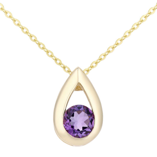 9ct Gold Round 22pts Amethyst Teardrop Pendant Necklace 18 inch - PP0AXL1715YAM