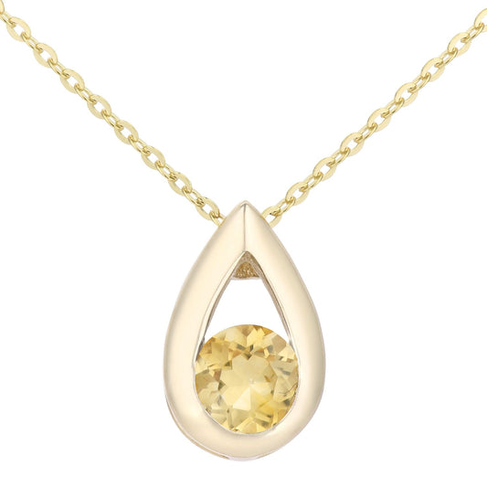9ct Gold  Round 22pts Citrine Teardrop Pendant Necklace 18 inch - PP0AXL1715YCT