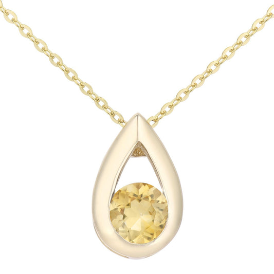 9ct Gold  Round 22pts Citrine Teardrop Pendant Necklace 18 inch - PP0AXL1715YCT
