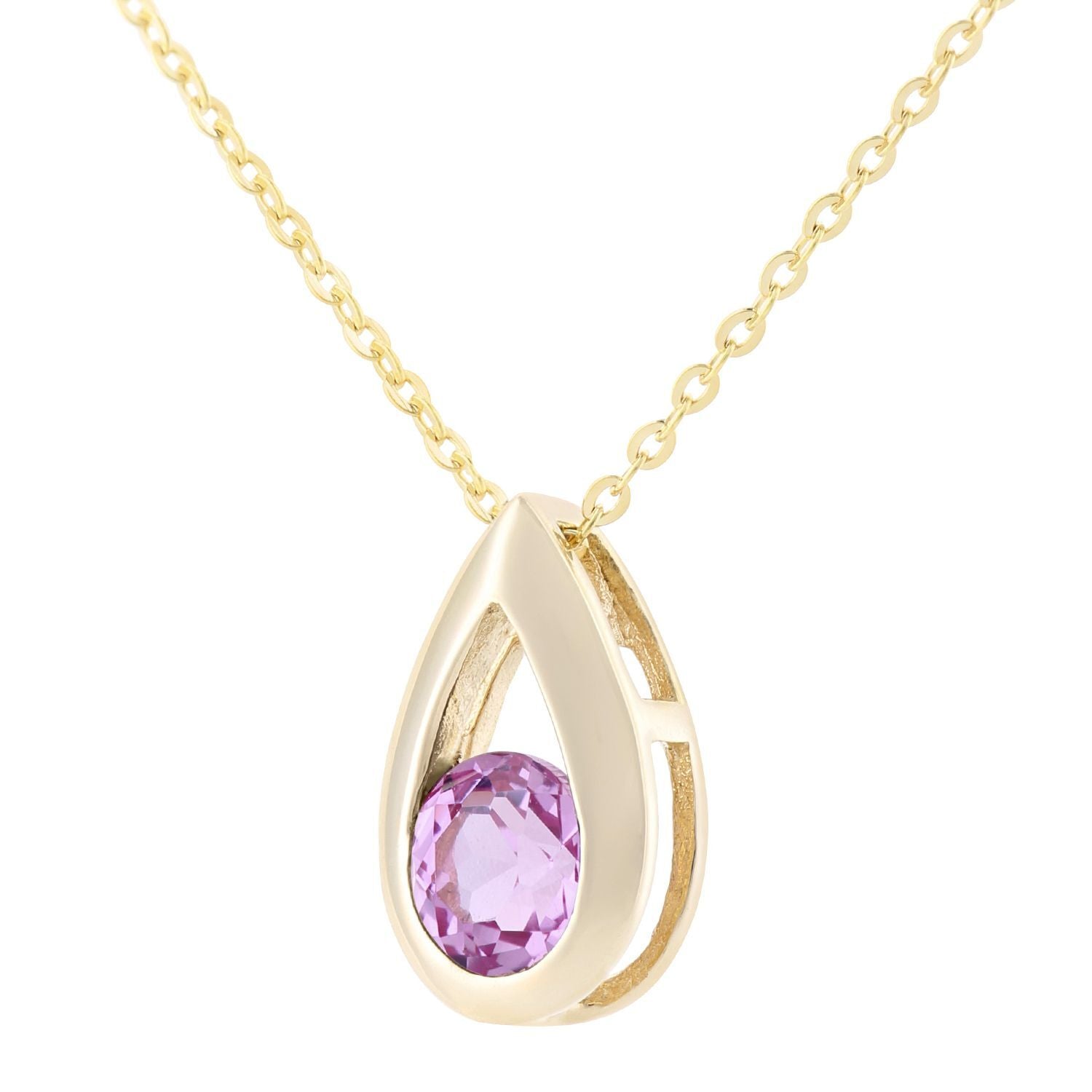 9ct Gold  20pts Created Sapphire Teardrop Pendant Necklace 18 inch - PP0AXL1715YCrtdPinkSa