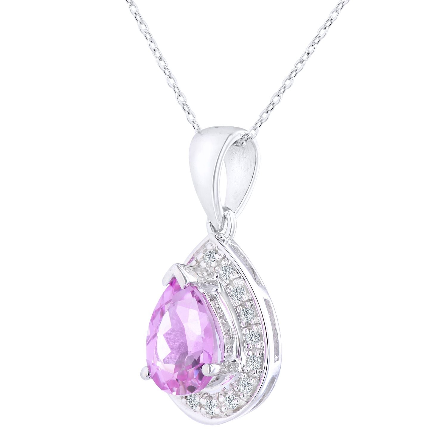 9ct White Gold  Diamond Pear Created Sapphire Necklace 18" - PP0AXL3061WCrtdPinkSa