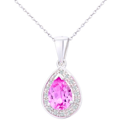 9ct White Gold  Diamond Pear Created Sapphire Necklace 18" - PP0AXL3061WCrtdPinkSa