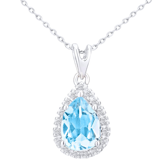 9ct White Gold  Diamond Pear Blue Topaz Teardrop Necklace 18" - PP0AXL3820WBT