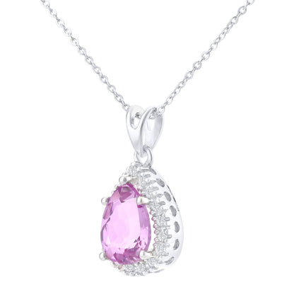 9ct White Gold  Diamond Pear Created Sapphire Necklace 18" - PP0AXL3820WCrtdPinkSa