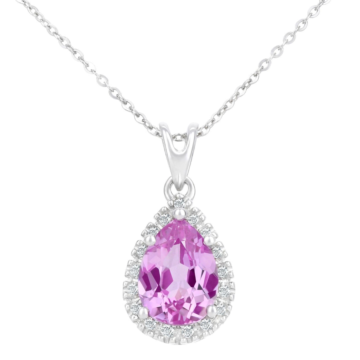 9ct White Gold  Diamond Pear Created Sapphire Necklace 18" - PP0AXL3820WCrtdPinkSa