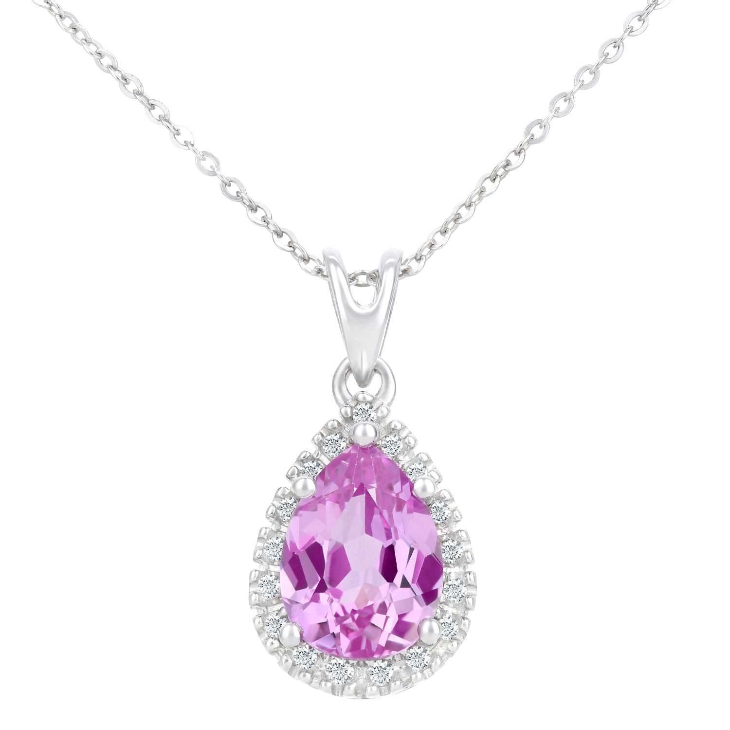 9ct White Gold  Diamond Pear Created Sapphire Necklace 18" - PP0AXL3820WCrtdPinkSa