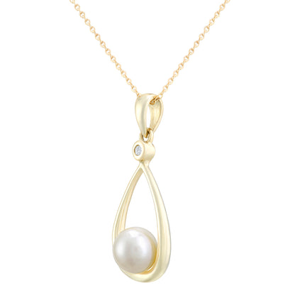 9ct Gold  1pts Diamond Pearl 6mm Teardrop Pendant Necklace 18 inch - PP0AXL4305YPRL
