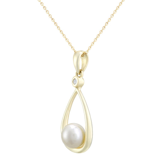 9ct Gold  1pts Diamond Pearl 6mm Teardrop Pendant Necklace 18 inch - PP0AXL4305YPRL