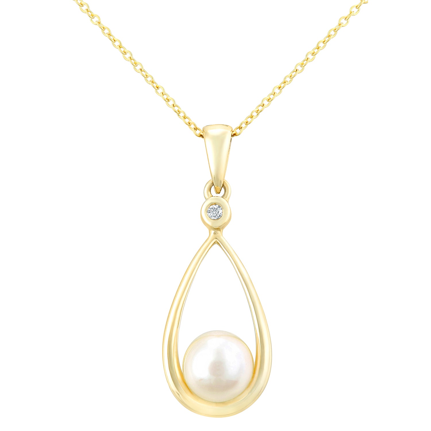 9ct Gold  1pts Diamond Pearl 6mm Teardrop Pendant Necklace 18 inch - PP0AXL4305YPRL