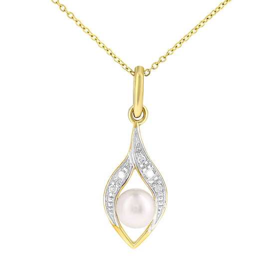 9ct Gold  2pts Diamond Pearl 5mm Almond Pea Pod Necklace 18" - PP0AXL4463YPRL