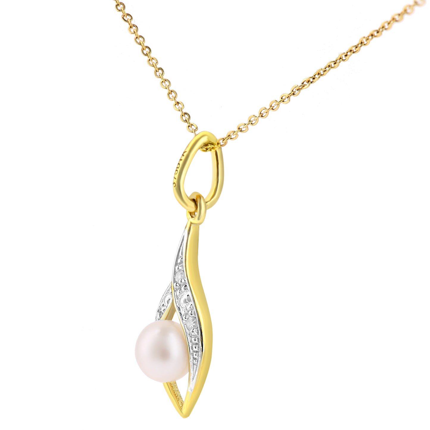 9ct Gold  2pts Diamond Pearl 5mm Almond Pea Pod Necklace 18" - PP0AXL4463YPRL