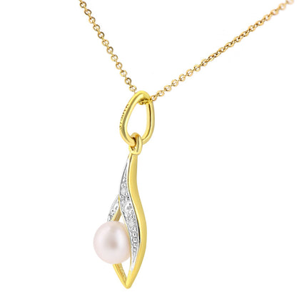 9ct Gold  2pts Diamond Pearl 5mm Almond Pea Pod Necklace 18" - PP0AXL4463YPRL