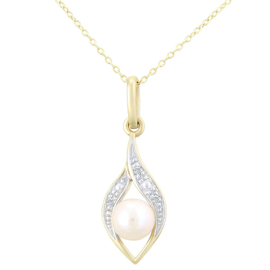 9ct Gold  2pts Diamond Pearl 5mm Almond Pea Pod Necklace 18" - PP0AXL4463YPRL