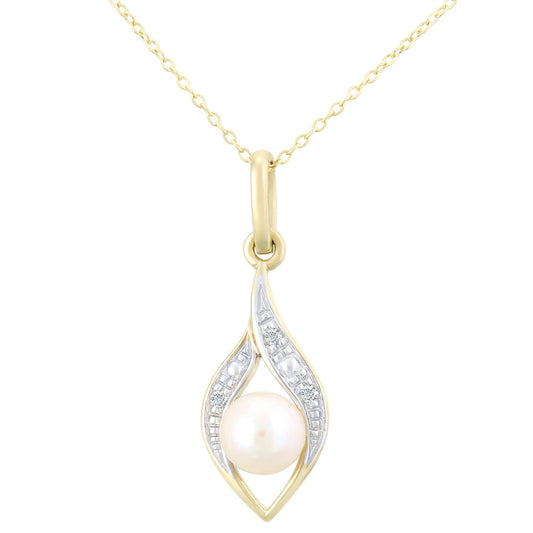 9ct Gold  2pts Diamond Pearl 5mm Almond Pea Pod Necklace 18" - PP0AXL4463YPRL