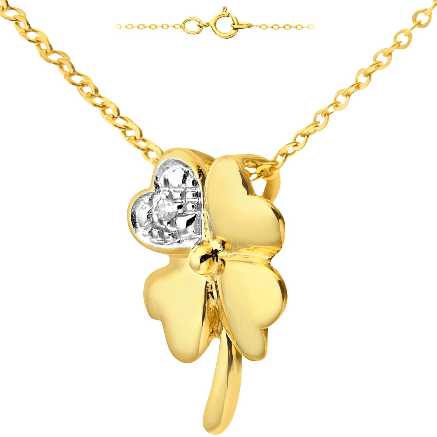 9ct Gold  0.5pts Diamond Heart 4 Leaf Clover Charm Necklace 18" - PP0AXL4736Y