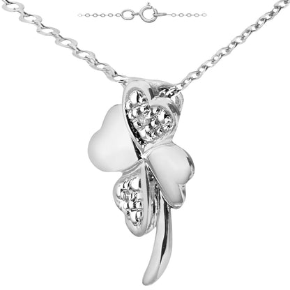 9ct White Gold  Diamond Heart 4 Leaf Clover Charm Necklace 18" - PP0AXL4737W