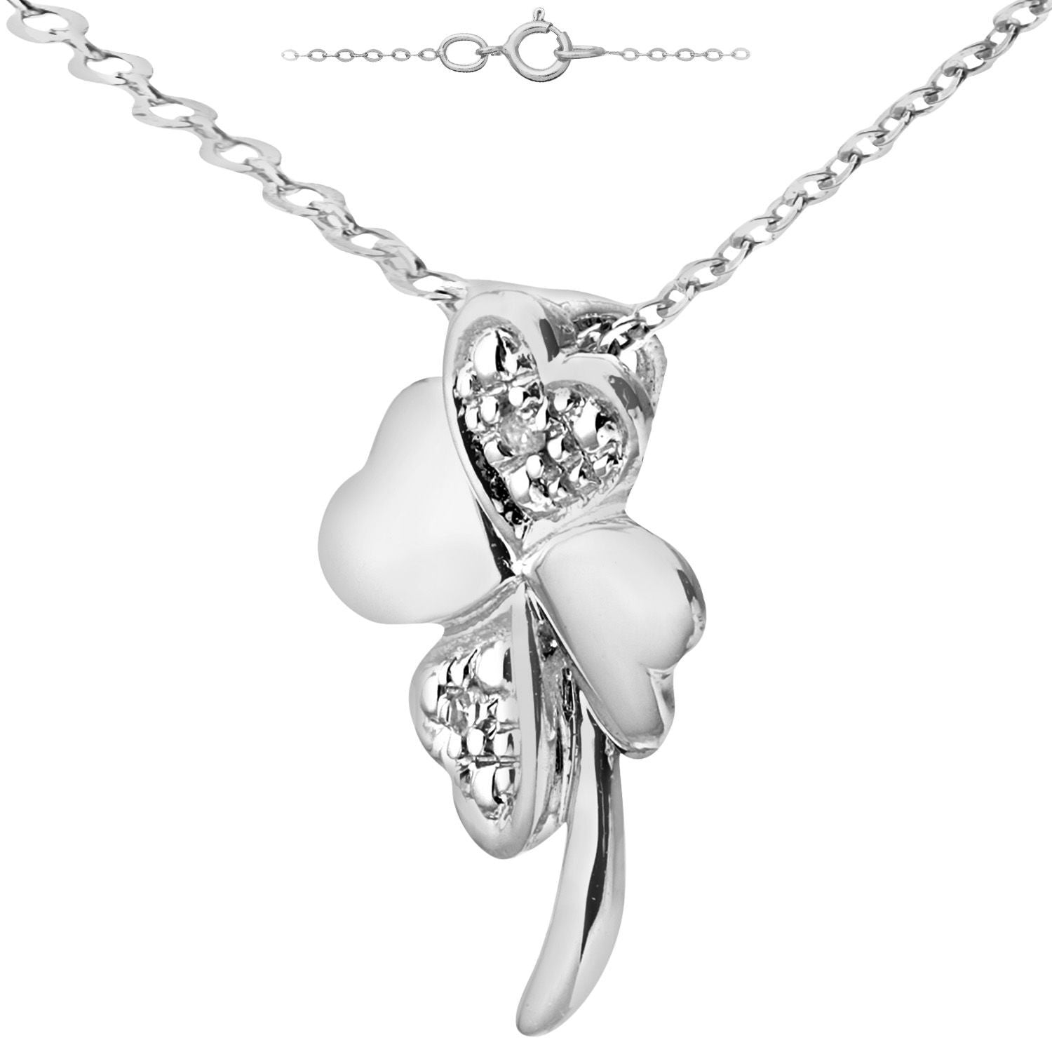 9ct White Gold  Diamond Heart 4 Leaf Clover Charm Necklace 18" - PP0AXL4737W