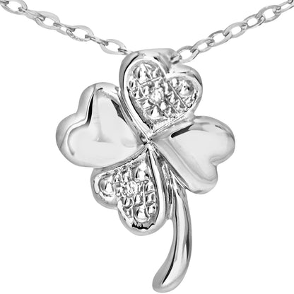 9ct White Gold  Diamond Heart 4 Leaf Clover Charm Necklace 18" - PP0AXL4737W