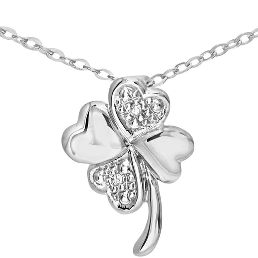 9ct White Gold Diamond Heart 4 Leaf Clover Charm Necklace 18" - PP0AXL4737W