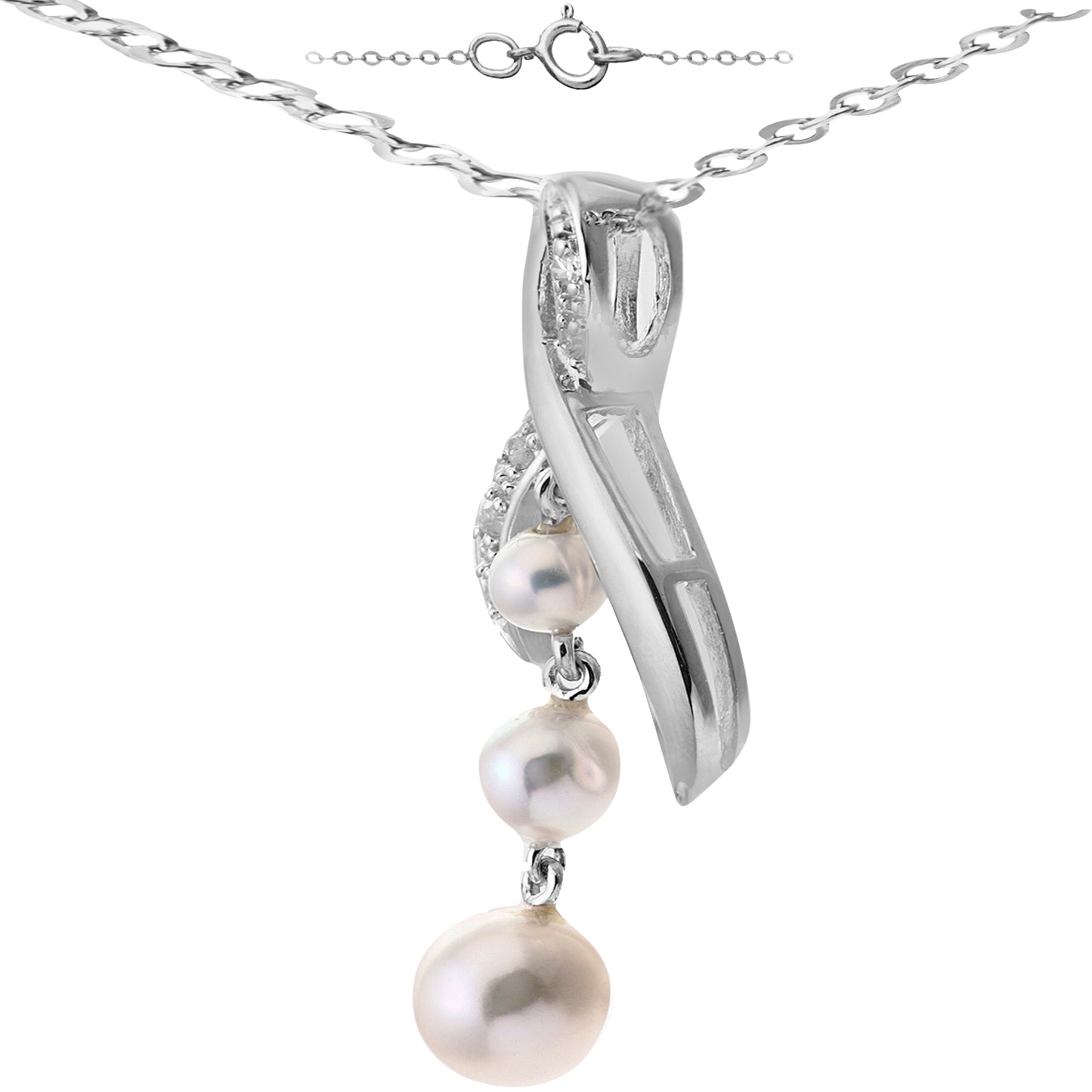 9ct White Gold  2.3pts Diamond Pearl 3/4/5mm Kiss Necklace 18" - PP0AXL5034WPearl