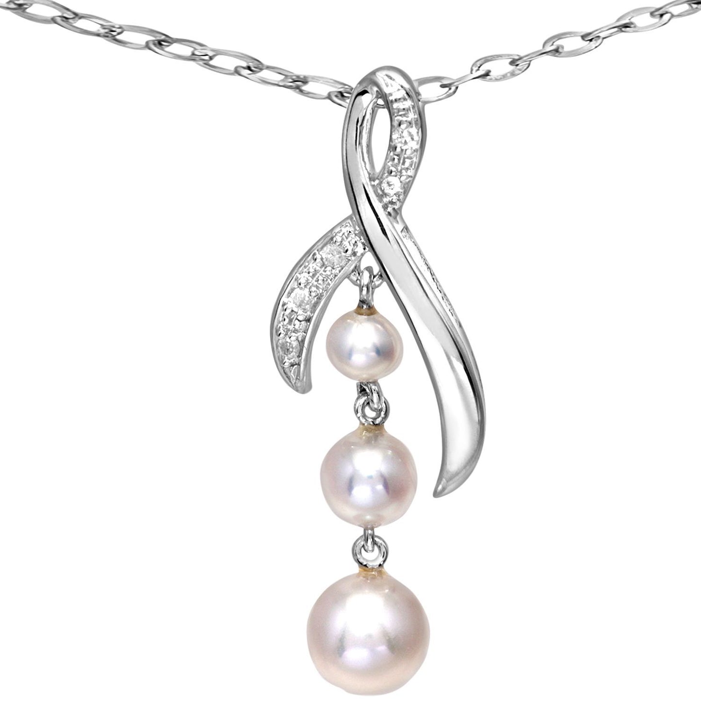 9ct White Gold  2.3pts Diamond Pearl 3/4/5mm Kiss Necklace 18" - PP0AXL5034WPearl
