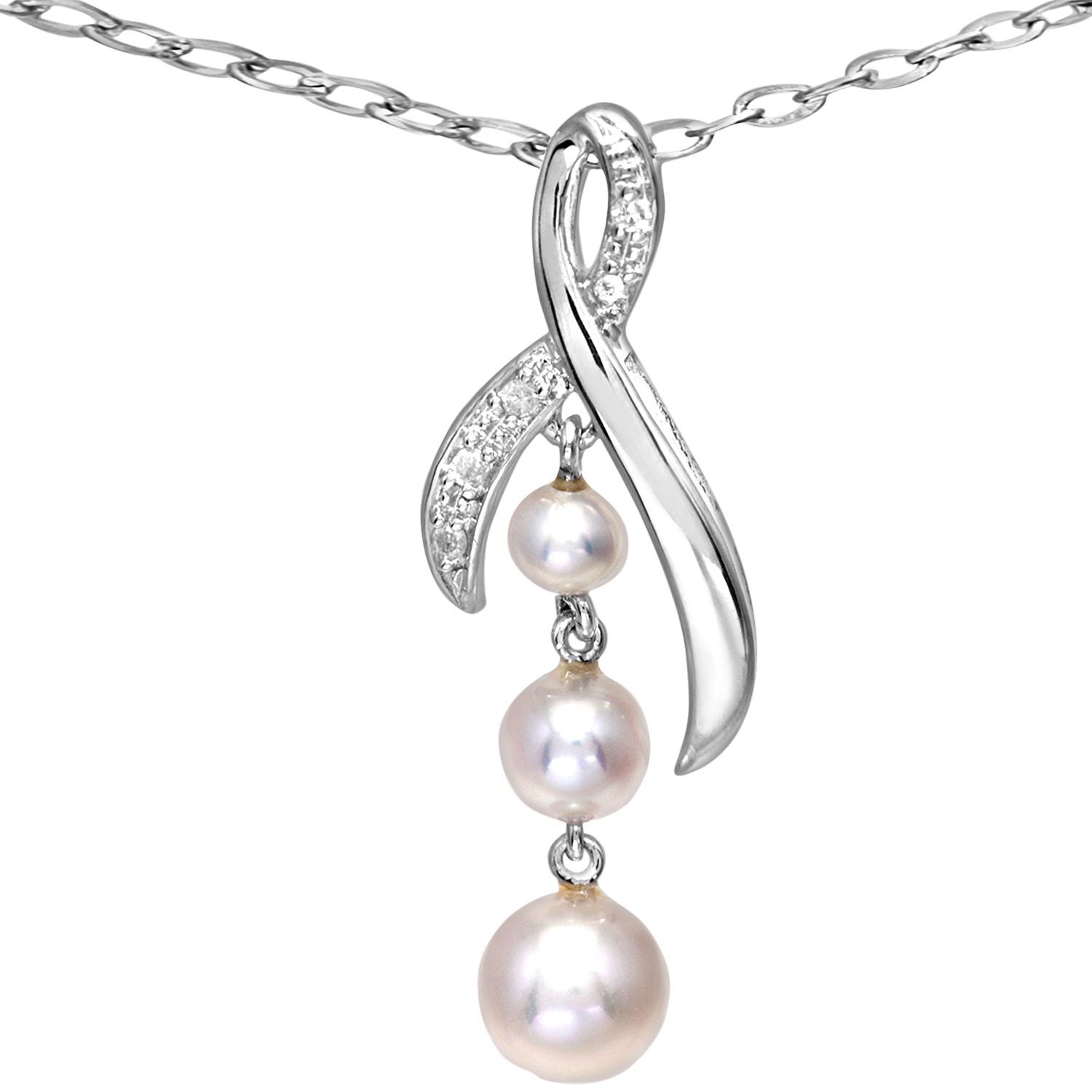 9ct White Gold  2.3pts Diamond Pearl 3/4/5mm Kiss Necklace 18" - PP0AXL5034WPearl
