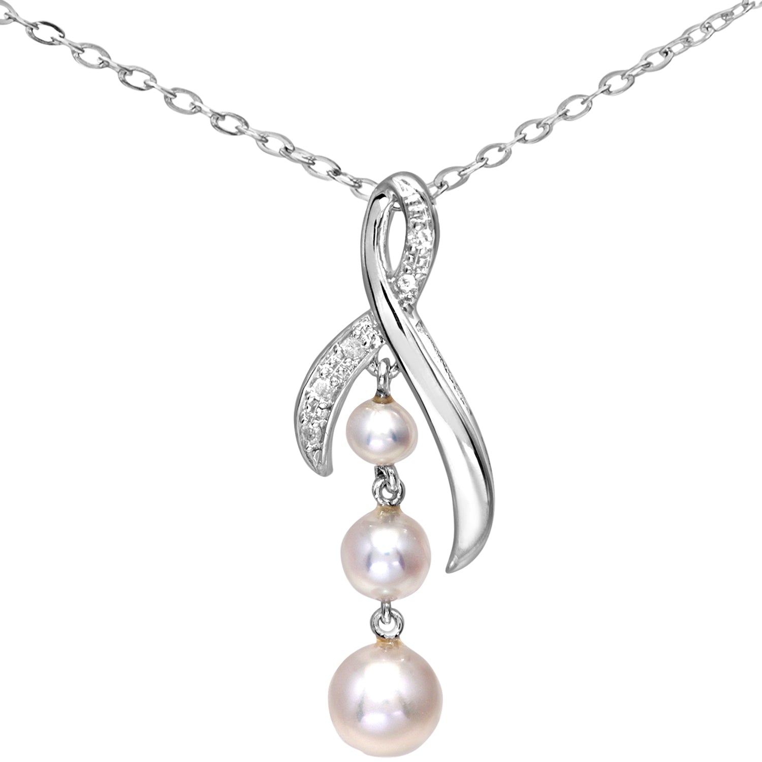 9ct White Gold  2.3pts Diamond Pearl 3/4/5mm Kiss Necklace 18" - PP0AXL5034WPearl