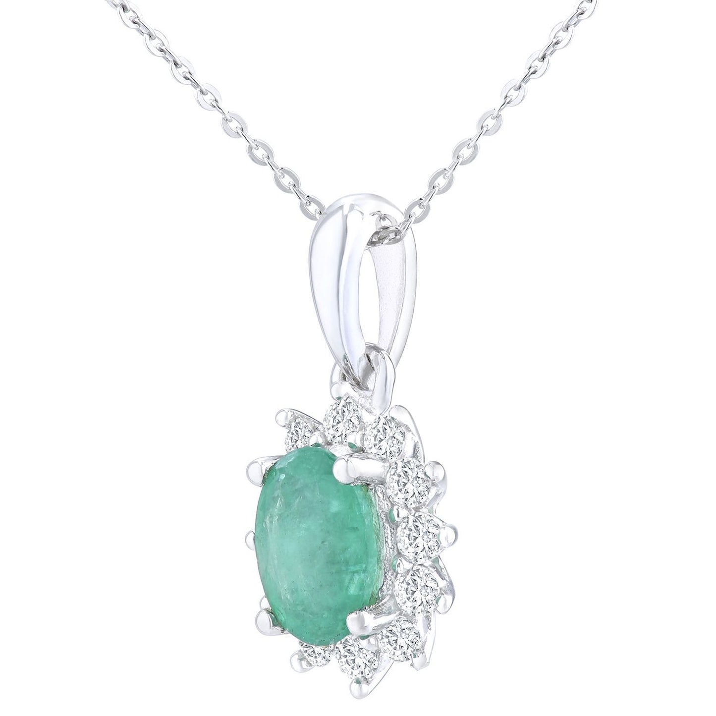 9ct White Gold  1/4ct Diamond Oval Emerald Cluster Necklace 18" - PP0AXL5203W-EM