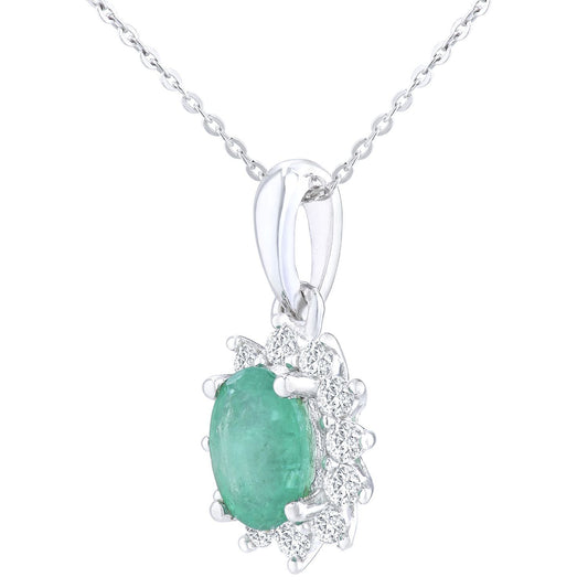 9ct White Gold  1/4ct Diamond Oval Emerald Cluster Necklace 18" - PP0AXL5203W-EM