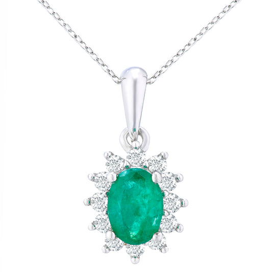 9ct White Gold  1/4ct Diamond Oval Emerald Cluster Necklace 18" - PP0AXL5203W-EM