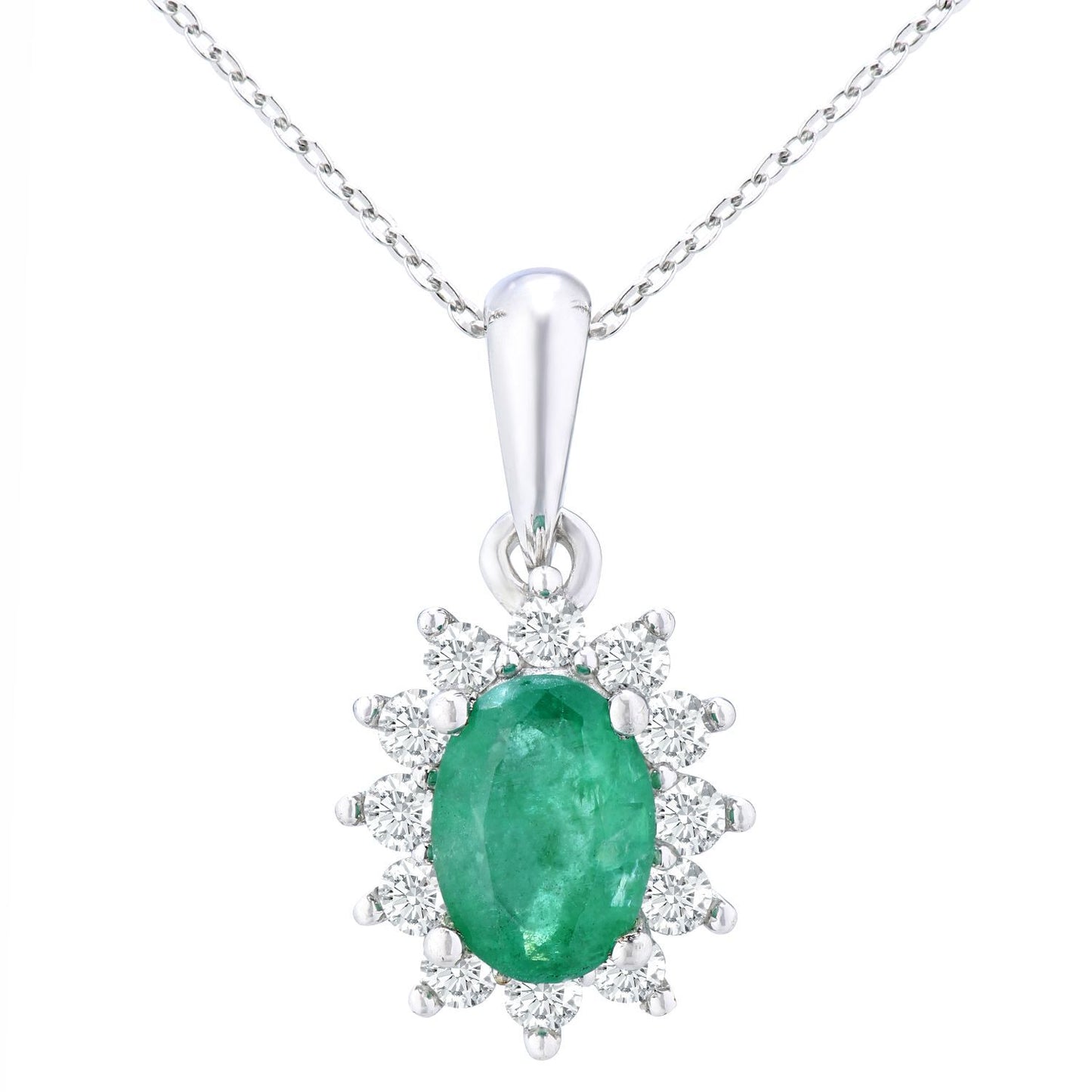 9ct White Gold  1/4ct Diamond Oval Emerald Cluster Necklace 18" - PP0AXL5203W-EM