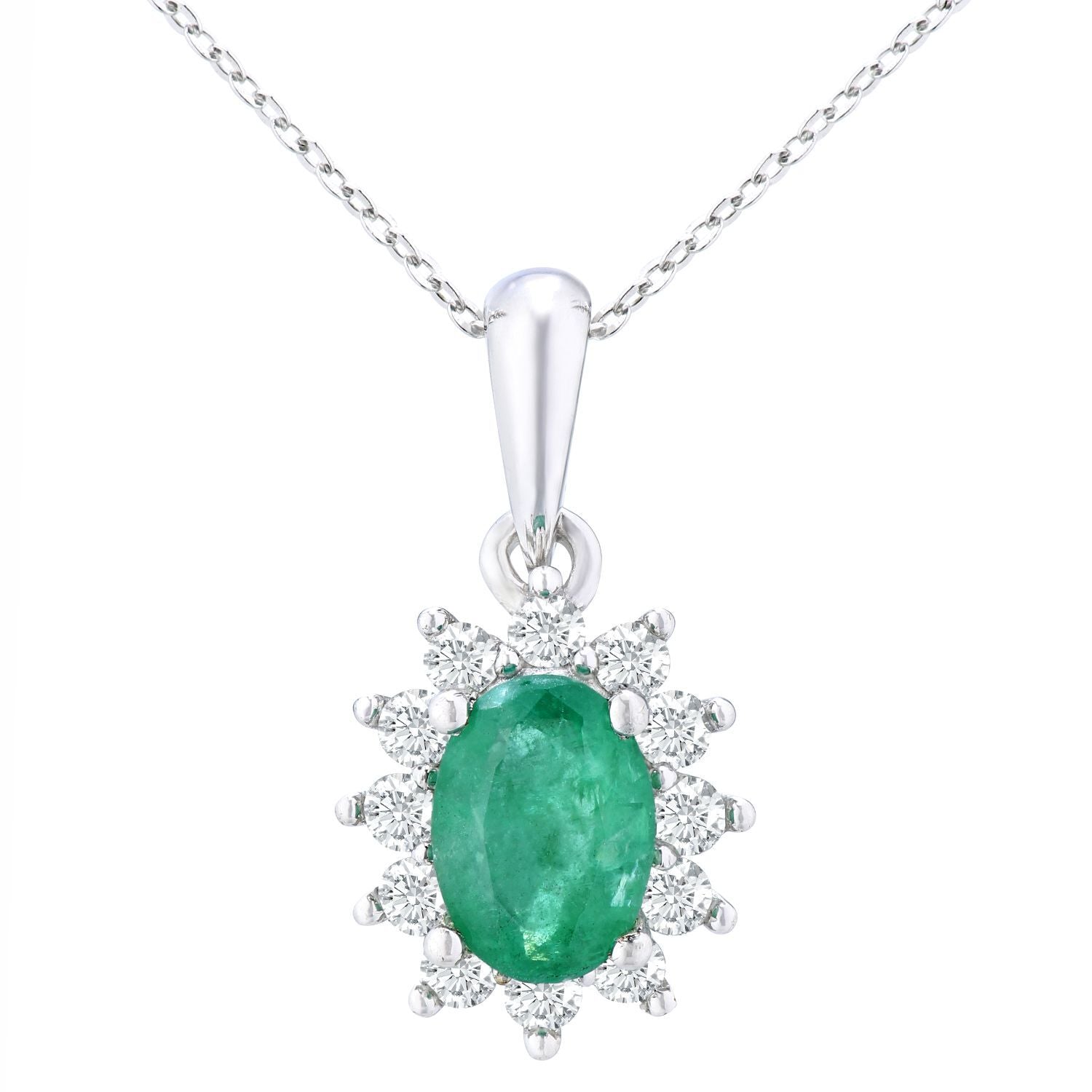 9ct White Gold  1/4ct Diamond Oval Emerald Cluster Necklace 18" - PP0AXL5203W-EM