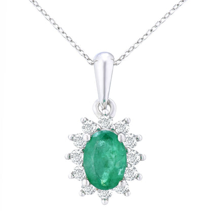 9ct White Gold  1/4ct Diamond Oval Emerald Cluster Necklace 18" - PP0AXL5203W-EM