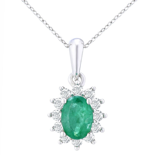 9ct White Gold  1/4ct Diamond Oval Emerald Cluster Necklace 18" - PP0AXL5203W-EM