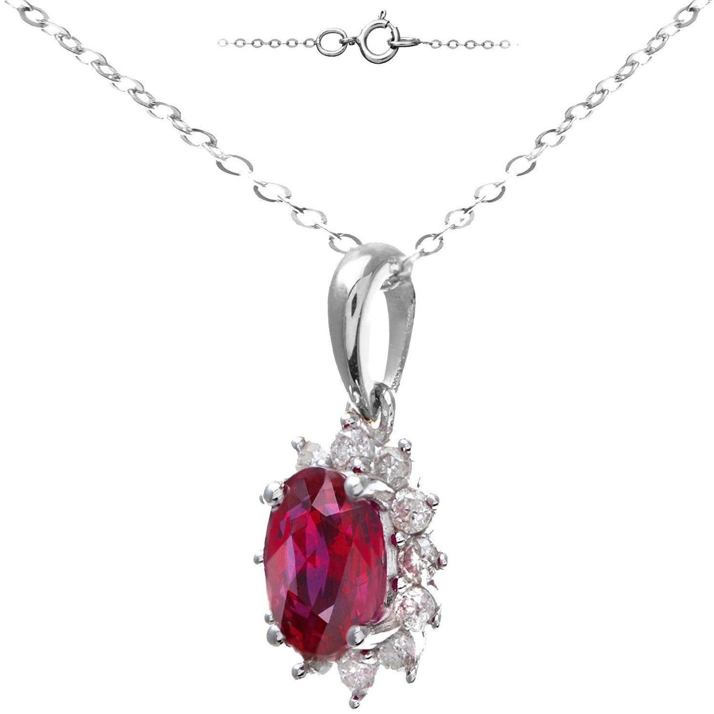 9ct White Gold  1/4ct Diamond Oval 1.1ct Ruby Cluster Necklace 18" - PP0AXL5203W-RU