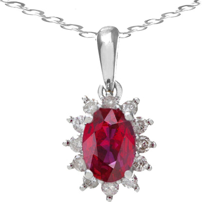 9ct White Gold  1/4ct Diamond Oval 1.1ct Ruby Cluster Necklace 18" - PP0AXL5203W-RU