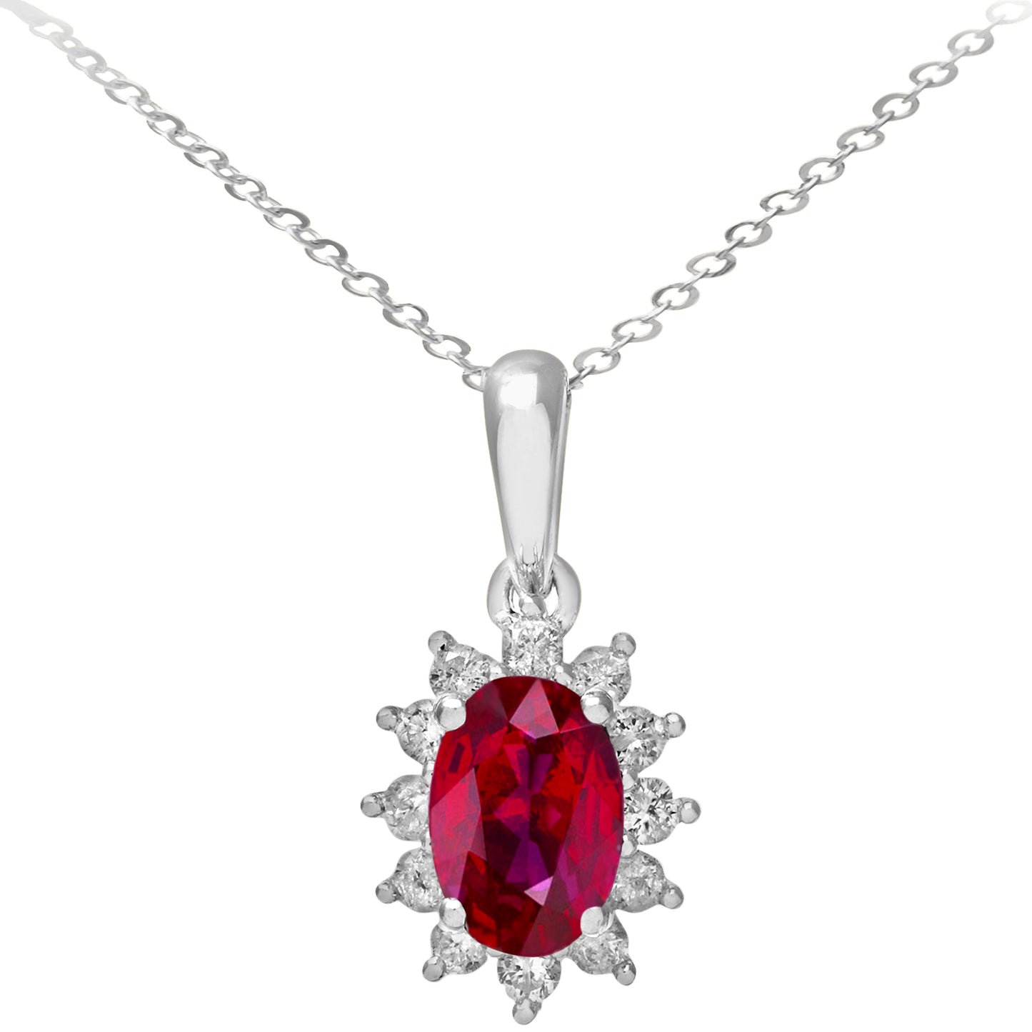 9ct White Gold  1/4ct Diamond Oval 1.1ct Ruby Cluster Necklace 18" - PP0AXL5203W-RU