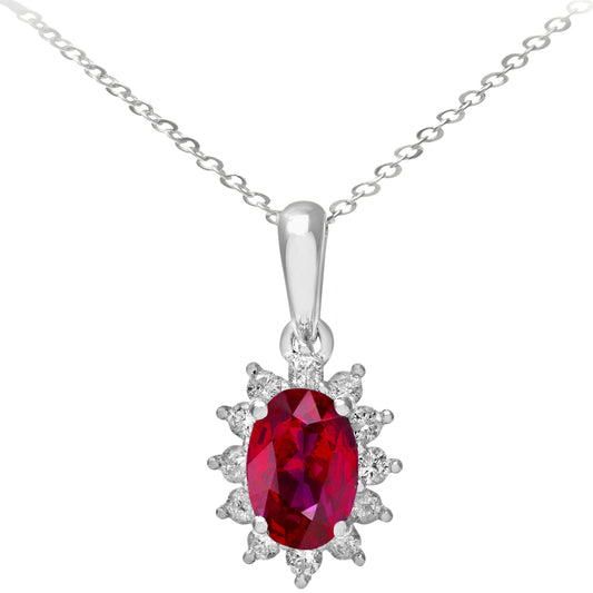 9ct White Gold  1/4ct Diamond Oval 1.1ct Ruby Cluster Necklace 18" - PP0AXL5203W-RU