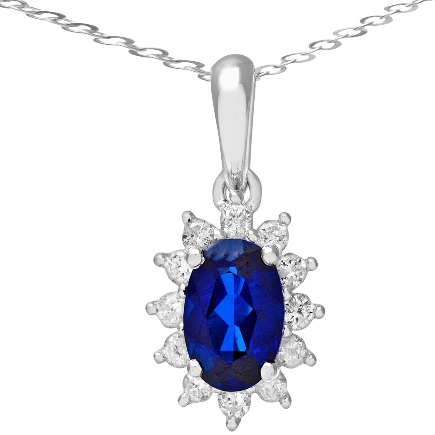 9ct White Gold  1/4ct Diamond Oval Sapphire Cluster Necklace 18" - PP0AXL5203W-SA
